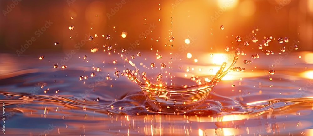 Poster Morning sunlight illuminates a water drop splashing creating a captivating image with copy space
