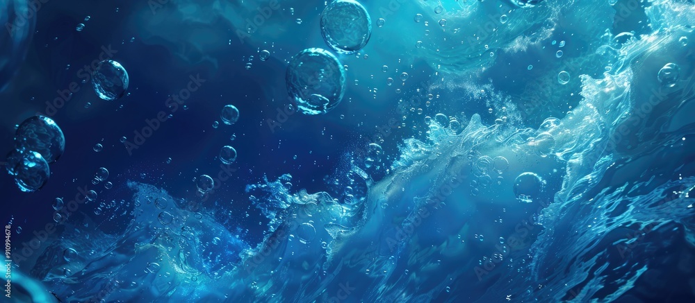 Poster Bubbles and waves create a serene underwater scene with a blue hue featuring a deep sea with copy space image
