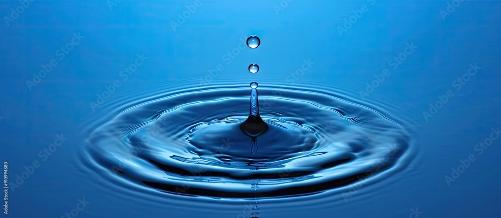 Poster A water droplet in blue tones falls gracefully creating ripples and a circular pattern in the liquid suitable for a copy space image