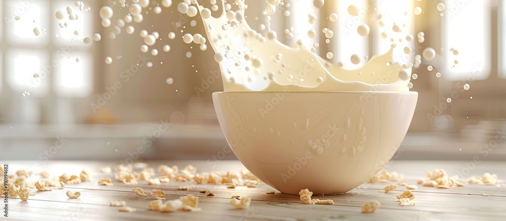 Poster milk flowing into a cereal bowl with copy space image