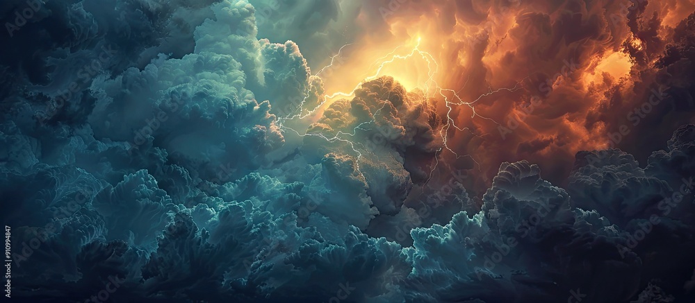 Aufkleber Weather concept with a dramatic sky overlay showcasing dark clouds lightning rain and thunderstorm in a captivating copy space image