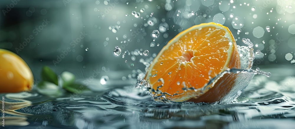 Poster citrus fruit dropping into transparent water with a beautiful copy space image