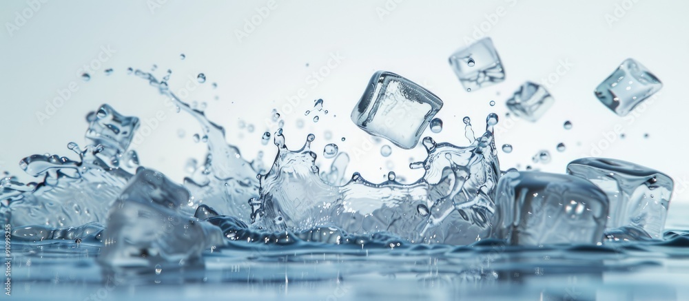 Poster ice cubes falling into water on a background with copy space image