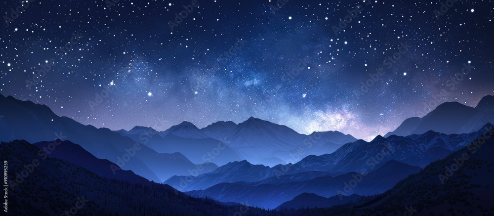 Poster a serene mountain landscape under a night sky filled with twinkling stars with ample copy space imag