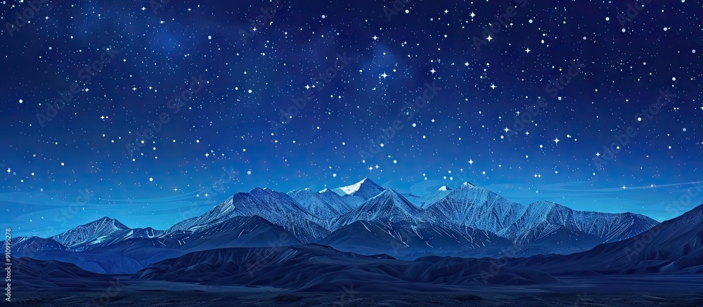 Poster a serene mountain landscape under a night sky filled with twinkling stars with ample copy space imag