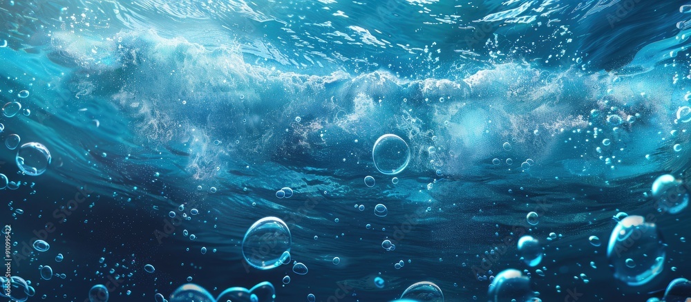Poster bubbles and waves create a serene underwater scene with a blue hue featuring a deep sea with copy sp