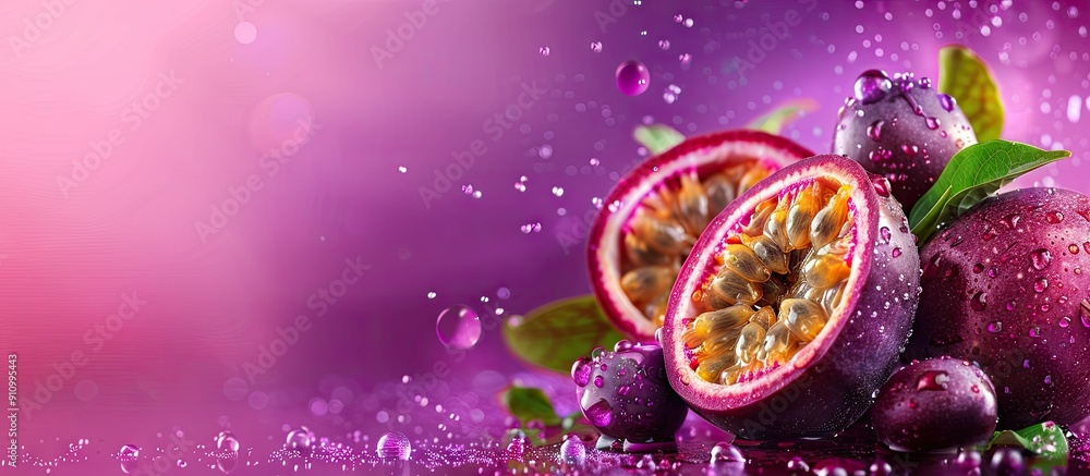 Poster passion fruits presented in a vibrant and enticing manner with a captivating background perfect for 