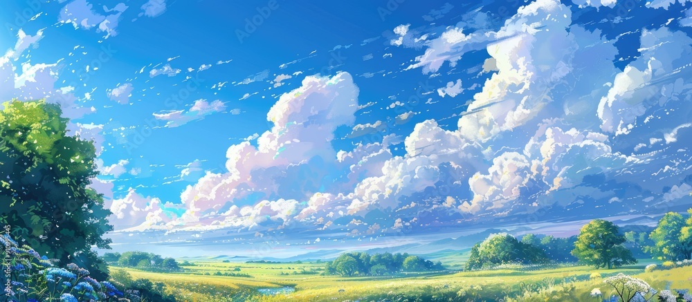 Poster a colorful summer morning with clear blue skies and fluffy white clouds creating a picturesque scene