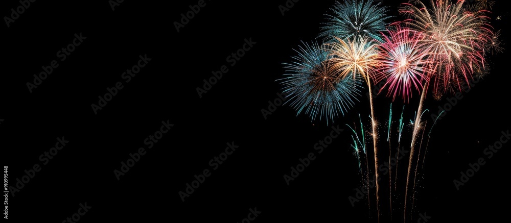 Poster colorful fireworks lighting up the sky against a black backdrop creating a celebratory scene with co