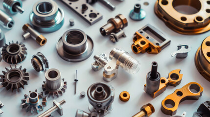 Close-up of various metal components and gears, meticulously arranged on a light surface. The intricate details of each piece exhibit precision engineering.