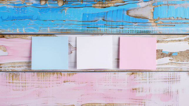 Three pastel-colored sticky notes on an artistic, weathered wooden surface, ideal for minimalistic and creative reminders or inspirations.