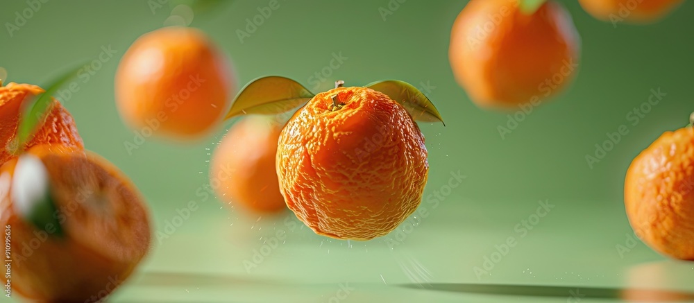 Poster Oranges and mandarins levitating on a green backdrop with ample copy space image