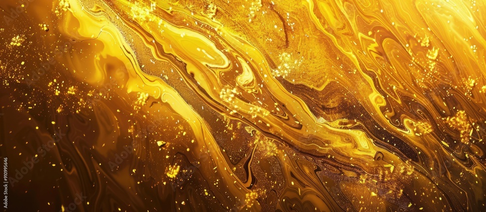 Poster Fluid with sparkling gold particles yellow hued stains and overflows creates an abstract shimmering background in the copy space image