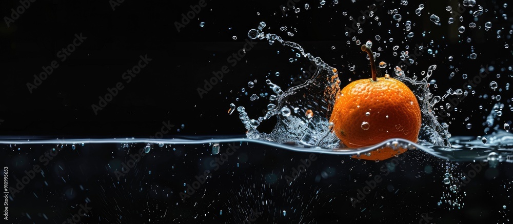 Poster an orange falling into water creating plenty of splashes against a dark background is captured in a 