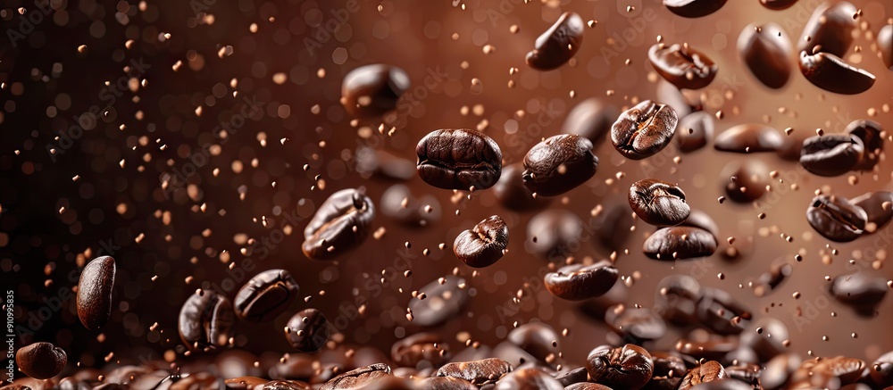 Poster close up of roasted coffee beans cascading onto a pile with a brown backdrop providing copy space im