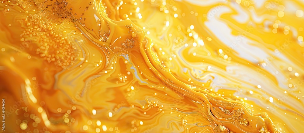 Poster Fluid with sparkling gold particles yellow hued stains and overflows creates an abstract shimmering background in the copy space image