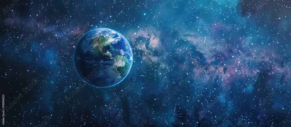 Poster Magnificent planet Earth displaying oceans clouds and continents against a starry sky in an open space image. . image with copy space