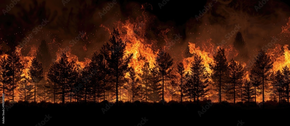 Poster silhouetted forest fire against a black background with a copy space image