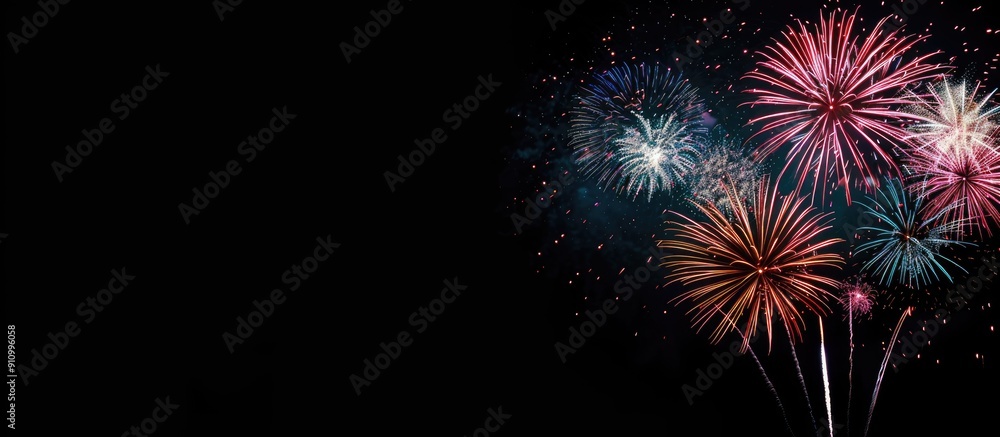 Poster colorful fireworks lighting up the sky against a black backdrop creating a celebratory scene with co