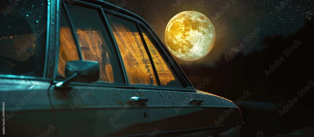 Poster At deep night a photo captures the reflection of a full moon behind a car in a mirrored glass showing a noise in the copy space image