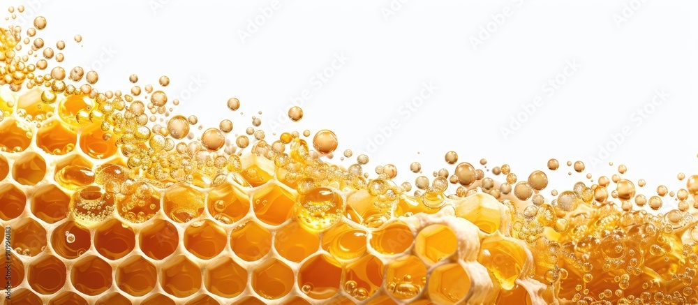 Poster honey filled honeycombs with pollen shown in a copy space image on a white background