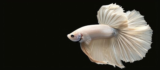 Fototapeta premium A beautiful white Rosetail Betta fish with a vibrant Half Moon tail known as Betta splendens swimming in water against a black background with ample copy space image