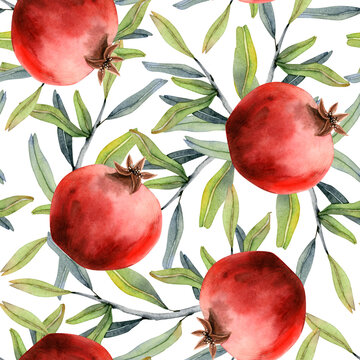 Pomegranates tree with fruits and leaves watercolor seamless pattern on white background in red and green colors for fall harvest designs, kitchen textiles and Jewish Rosh Hashanah greeting products