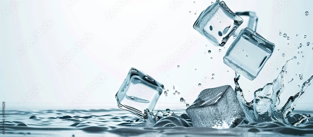 Poster ice cubes falling into water on a background with copy space image