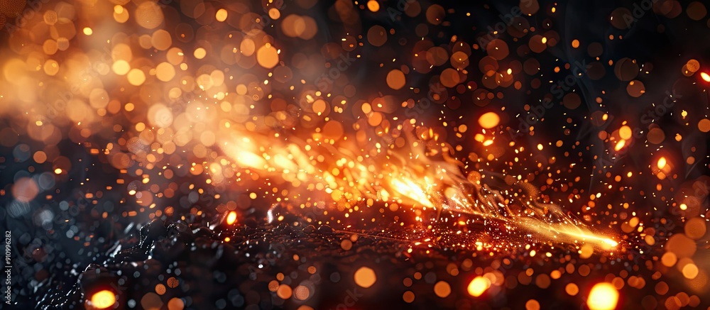 Poster Close up view of fiery sparks from a steelworker s forge on a dark background with copy space image