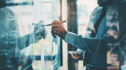 Businessman writing on a glass board with colleagues observing, emphasizing brainstorming and collaborative idea generation in a modern office environment.