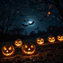A bats flying in the night sky on a full moon on Halloween, Jack-o'-lantern pumpkins are light on the ground