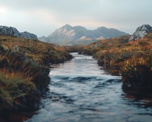 Obraz premium A Rugged Remote Journey Through Wild Terrain Exploring Untouched Wilderness in the Mountains, a Scenic Stream Winding Through the Landscape, Nature's Beauty Unveiled, Tranquil and Serene, Remote and