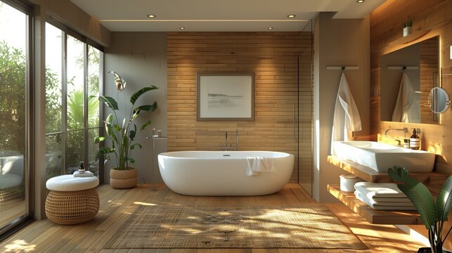 Rustic modern bathroom with wooden accents. Elegant modern bathroom with rustic wooden accents, freestanding tub, indoor plants, and large windows for a warm and natural ambiance.