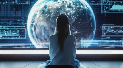 A woman sits in front of a large digital screen displaying a futuristic Earth, immersed in a high-tech, data-driven environment.