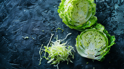 Obraz premium Freshly shredded cabbage and two halved heads rest on a dark, textured surface, showcasing their crisp layers.