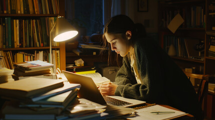 A focused individual, working late into the night at a cluttered desk with books and papers, lit by a single desk lamp, epitomizes dedication and hard work.