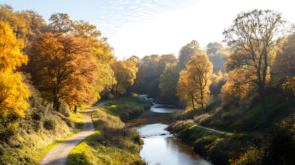 Top view of a magical grove with an upper stream in golden hour
