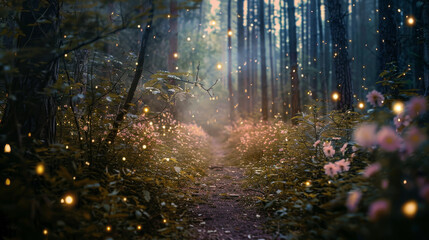 Fototapeta premium A magical forest pathway illuminated by glowing fireflies and surrounded by delicate blossoms in the early morning light.