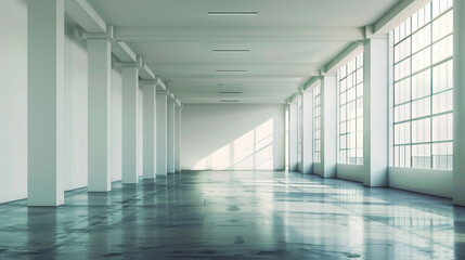Fototapeta premium Spacious, sunlit empty room with large windows, white walls, and polished concrete floors, creating a clean and serene environment.