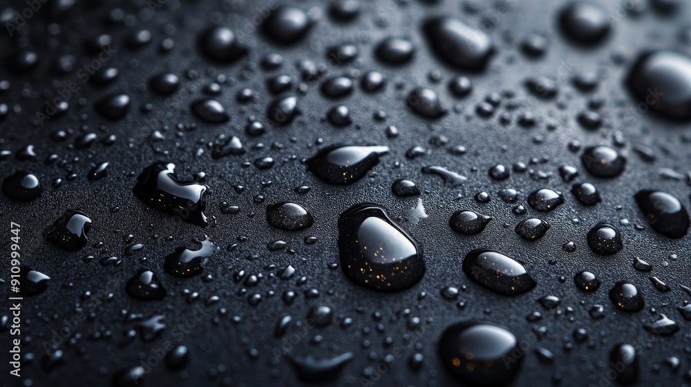 Poster macro photography of water droplets on a black surface, creating a unique abstract pattern.