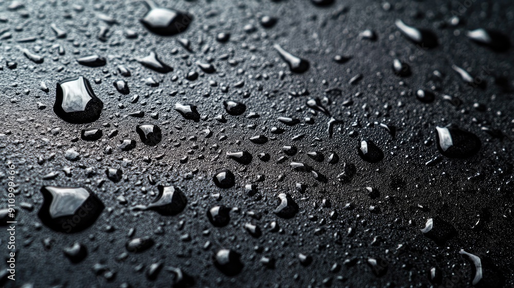Poster water drops on a dark surface, creating a beautiful abstract pattern.