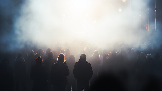 abstract silhouettes of crowds of people in the fog, blurred light background urban view traffic