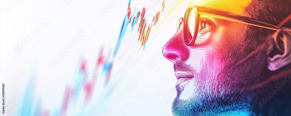 Poster abstract line art of a businessman analyzing financial graphs, minimalistic design with sleek lines 