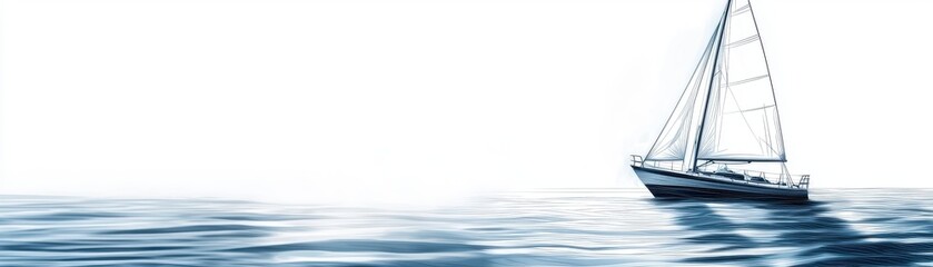 Abstract line drawing banner of a sailboat on the ocean, focusing on clean lines and minimalistic design, isolated on a white background with room for text, ideal for travel themes