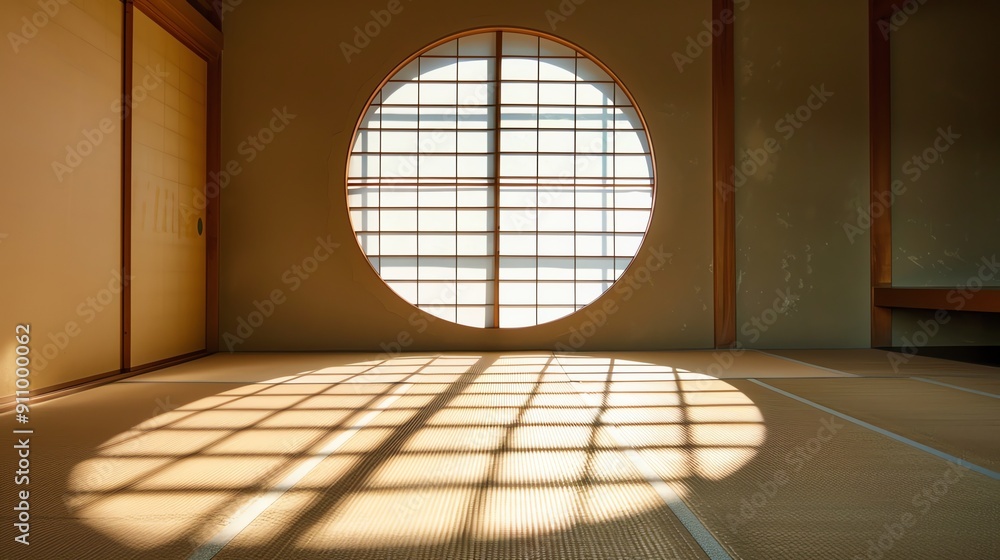 Poster a circular window with a traditional japanese wood grid casts a pattern of light and shadow on the t