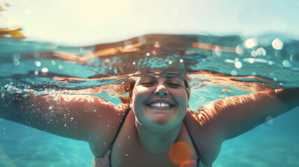 Fototapeta premium A woman joyfully swims underwater, her smile radiant and face partially above the water's surface, capturing a moment of pure happiness.