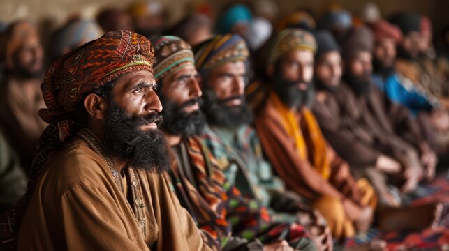 Local men in traditional attire gather for a discussion in a rural environment, showcasing their cultural heritage and community ties