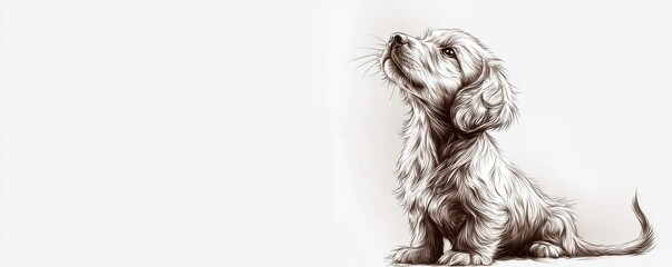 Elegant line drawing of a fluffy puppy with a wagging tail, emphasizing minimalistic design, on a white background with room for copy