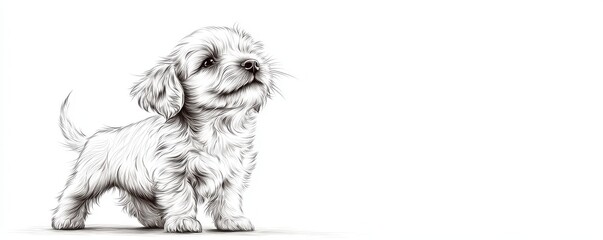 Elegant line drawing of a fluffy puppy with a wagging tail, emphasizing minimalistic design, on a white background with room for copy