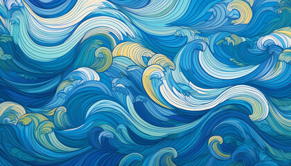 Obraz premium Seamless nautical pattern with stylized waves in different blue colors 